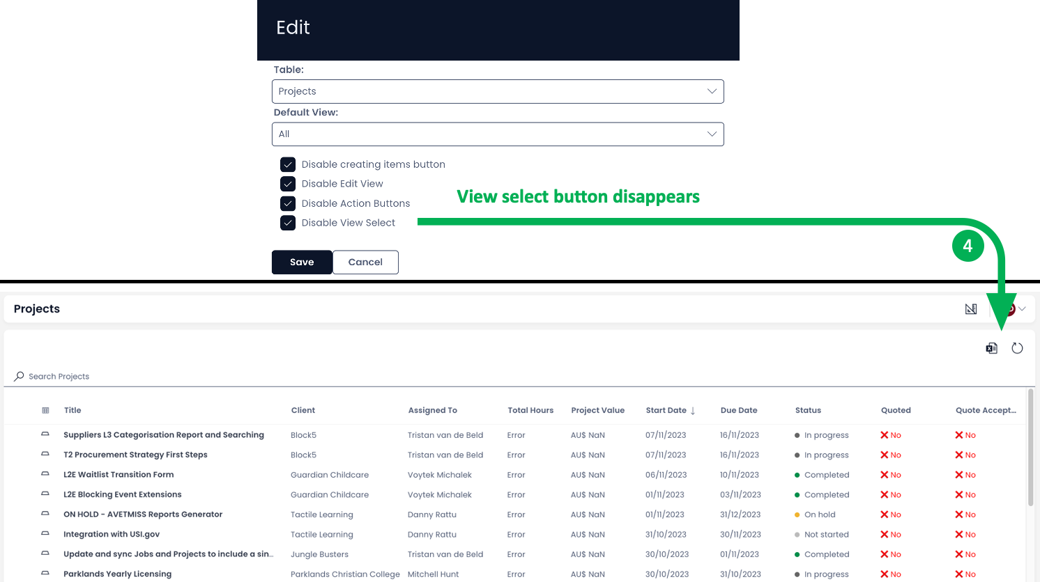 Disable view selection example